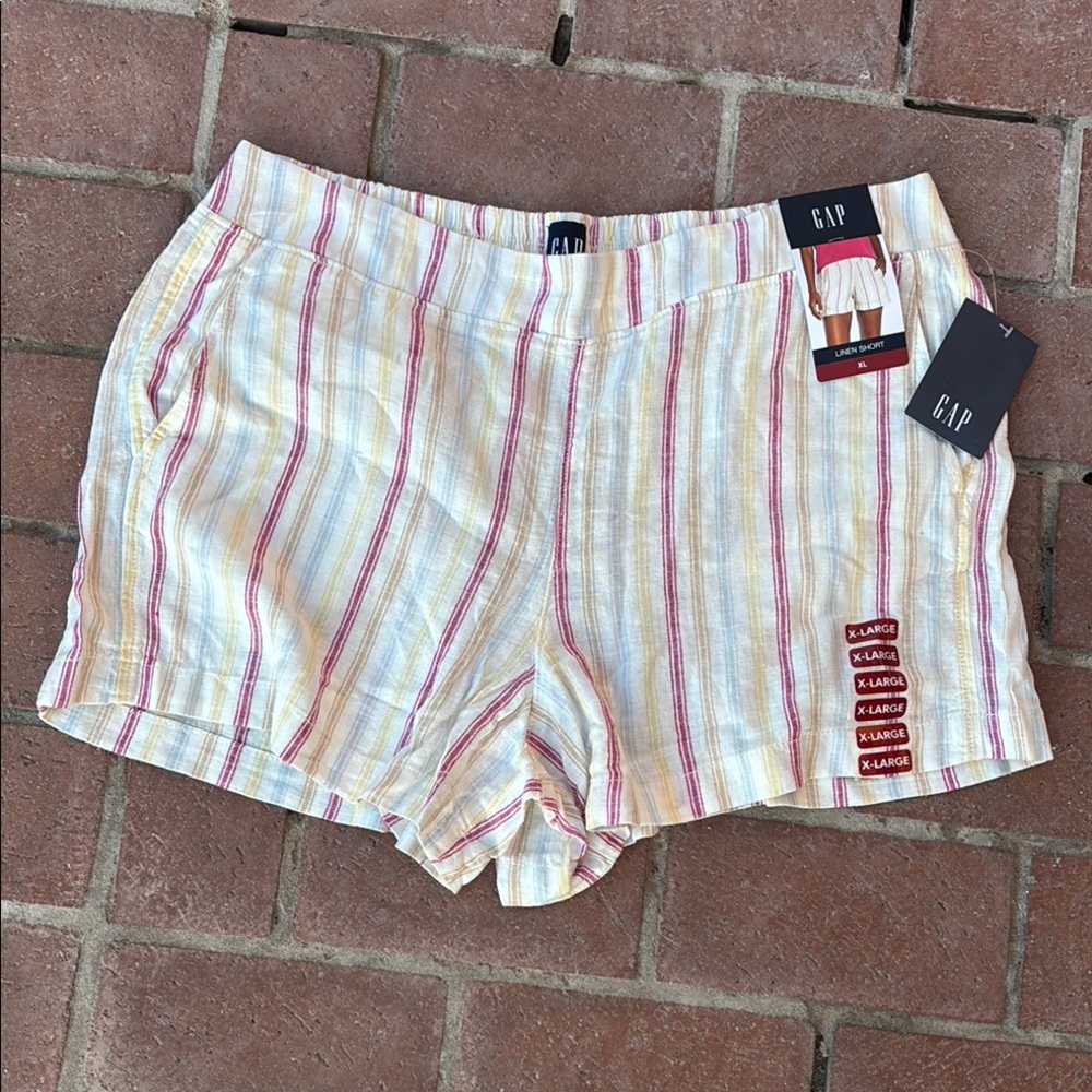 GAP Women’s Linen-Blend Striped Shorts — White with Pink & Yellow Stripes